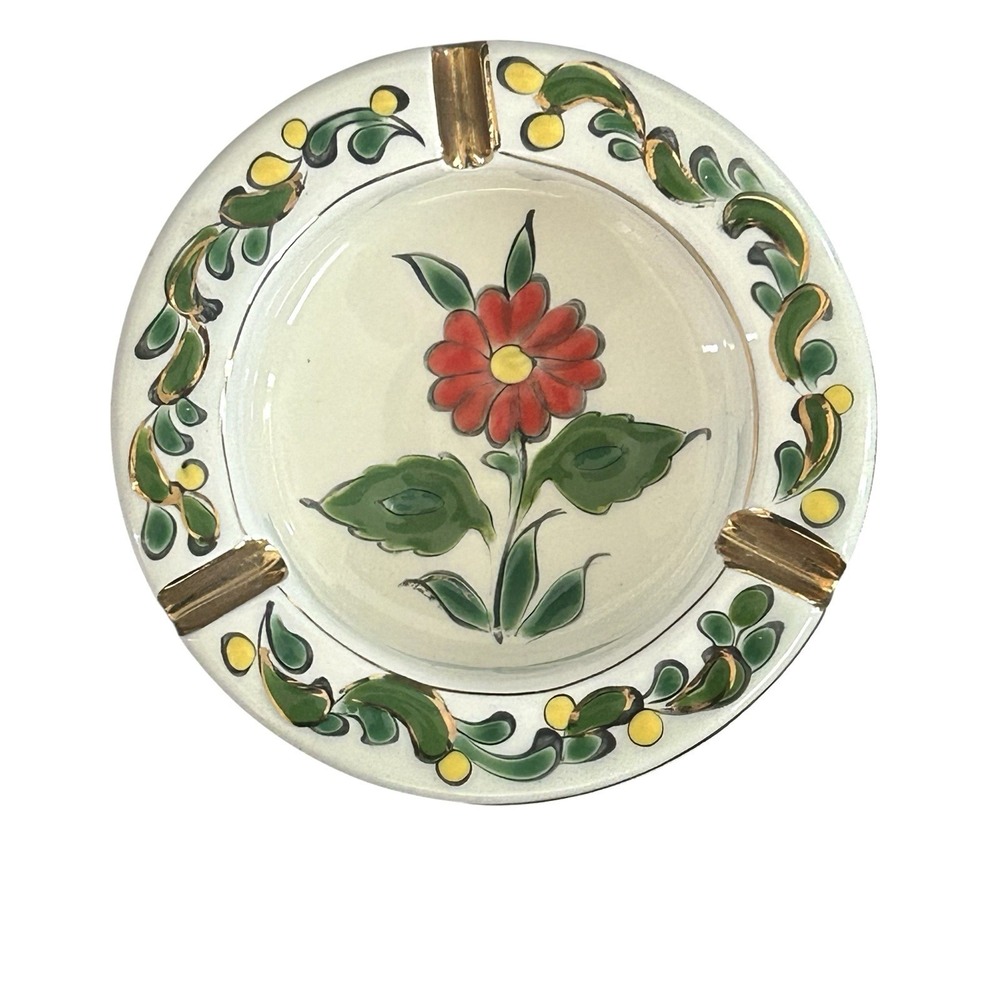 Vintage‎ Ashtray Manousakis Keramik Rhodes Greece Ceramic Floral Gold Handmade